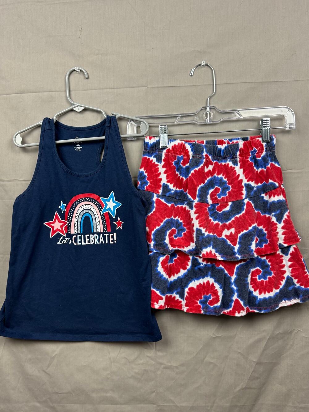 Girls Patriotic "Let's Celebrate" Sleeveless Shirt and Skirt Set, Size 7/8